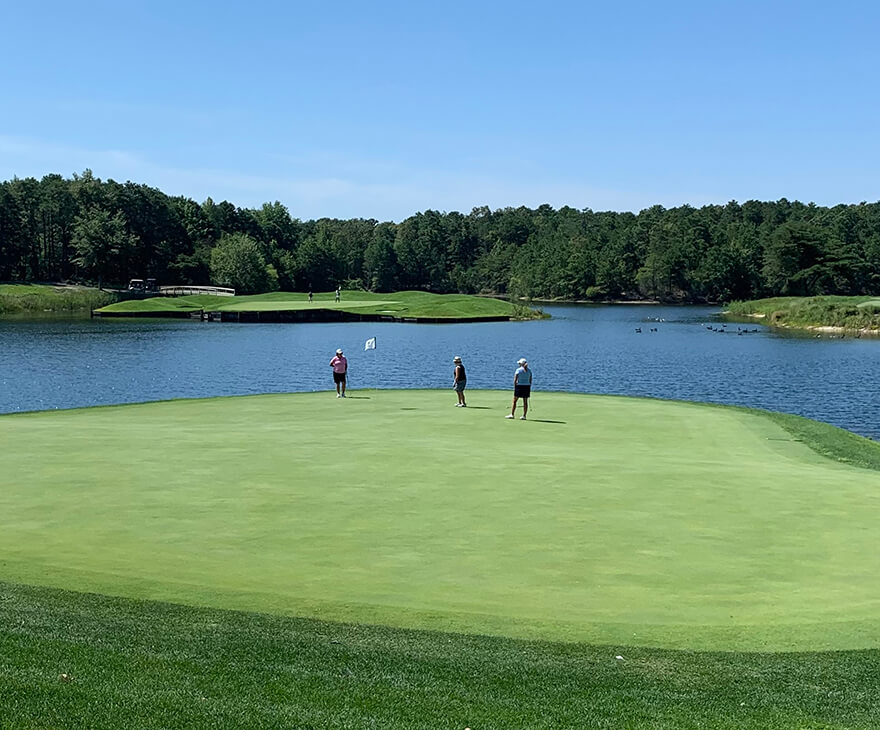 golfers on the green by waterway